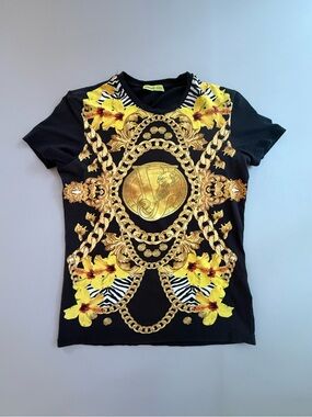 Versace Jeans Gold Baroque Necklace Coin Yellow Hibiscus Zebra Men’s Shirt Small